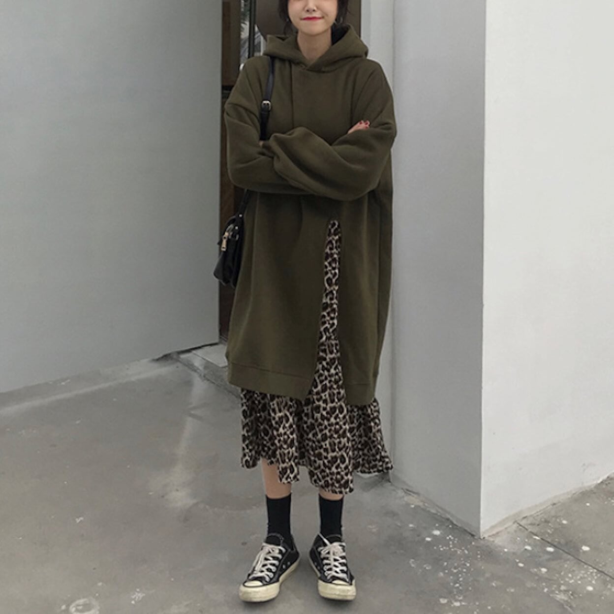 Leopard Print Dress Hoodie for Women with Layered Appearance