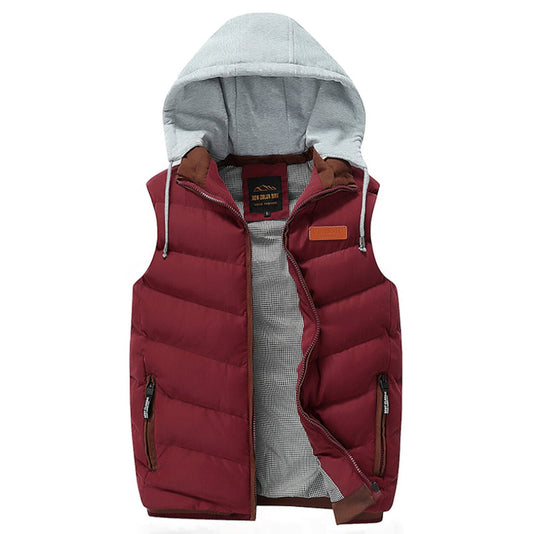 Red Winter Puffy Vest with Detachable Hood for Men: burgundy red, light gray hooded puffer vest, casual sporty style