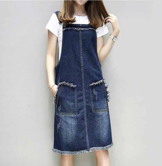 Denim Overall Dress for Women Featuring Convenient Pockets: dark blue, white denim pinafore dress, casual style