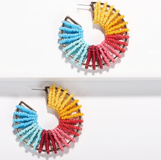 Colorful Round Beaded Earrings: yellow, orange beaded hoop earrings, colorful bohemian style