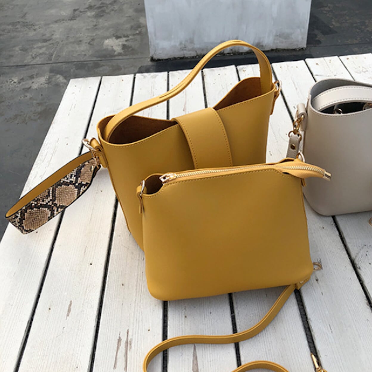 Bucket Bag with Wide Shoulder Strap for Women made of Vegan Leather