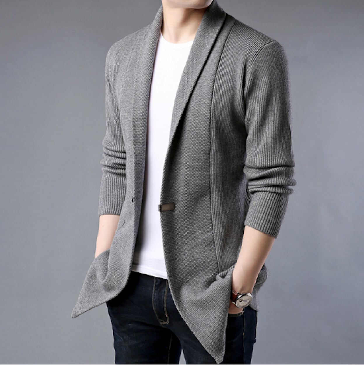 Brown Mid Length Men's Open Cardigan