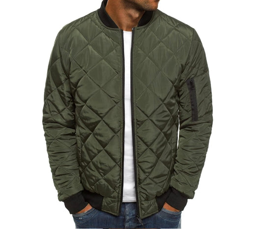 Quilted Jacket for Men: olive green, black quilted bomber jacket, minimal casual style