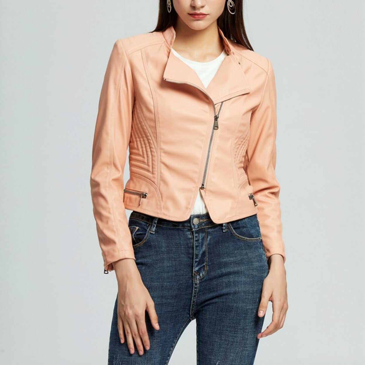 Cropped Motorcycle Jacket for Women with Zipper Accents