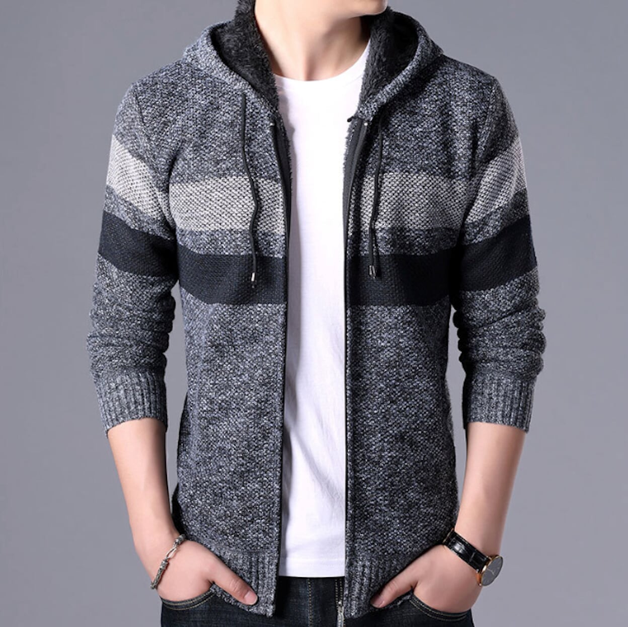 Hooded Men's Striped Knitted Sweater