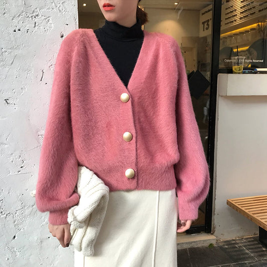Fuzzy V-Neck Women's Cardigan