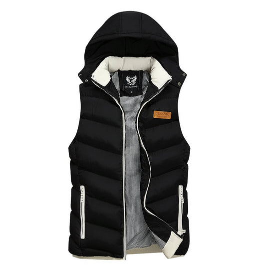Classic Black Men's Hooded Winter Puffy Vest, Extra Cozy and Warm: black, white hooded puffer vest, casual sporty style