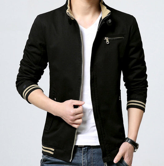 Black Zip-Up Jacket with Stand Collar for Men: black, beige jacket, casual bomber-style style