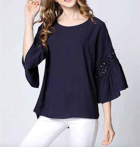 Navy Top with Ruffle Sleeves for Women's Casual Wear