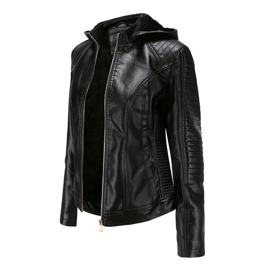 Faux Leather Hooded Jacket with Plush Interior: black hooded jacket, biker-inspired style