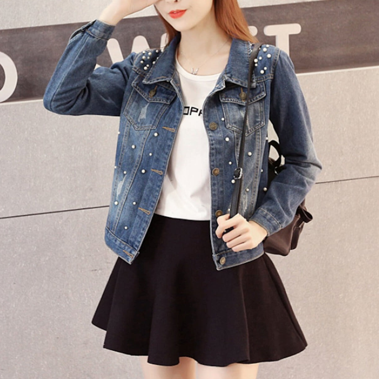 Denim Jacket for Women Adorned with Pearls