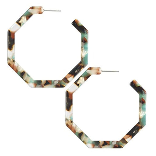 Resin Hoop Earrings with Geometric Design: teal green, cream pair of hoop earrings, bold geometric style