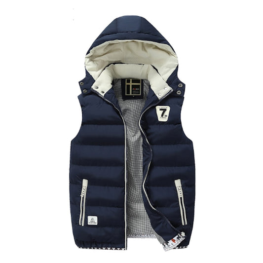 Navy Two Tone Hooded Winter Vest for Men: navy blue, off-white hooded puffer vest, casual sporty style