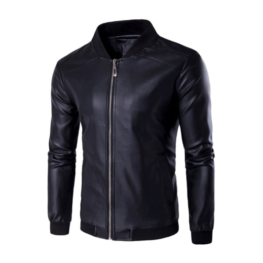 Faux Leather Zip-Up Men's Jacket: black, dark navy zip-front jacket, minimal style