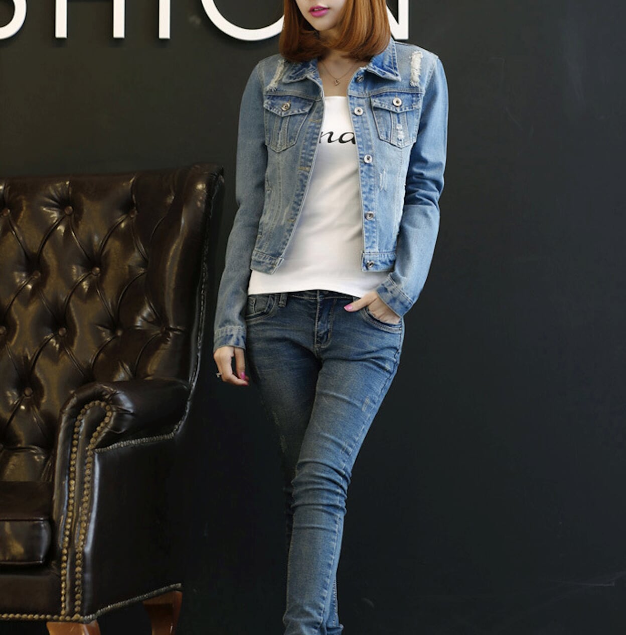 Distressed Denim Jacket for Women