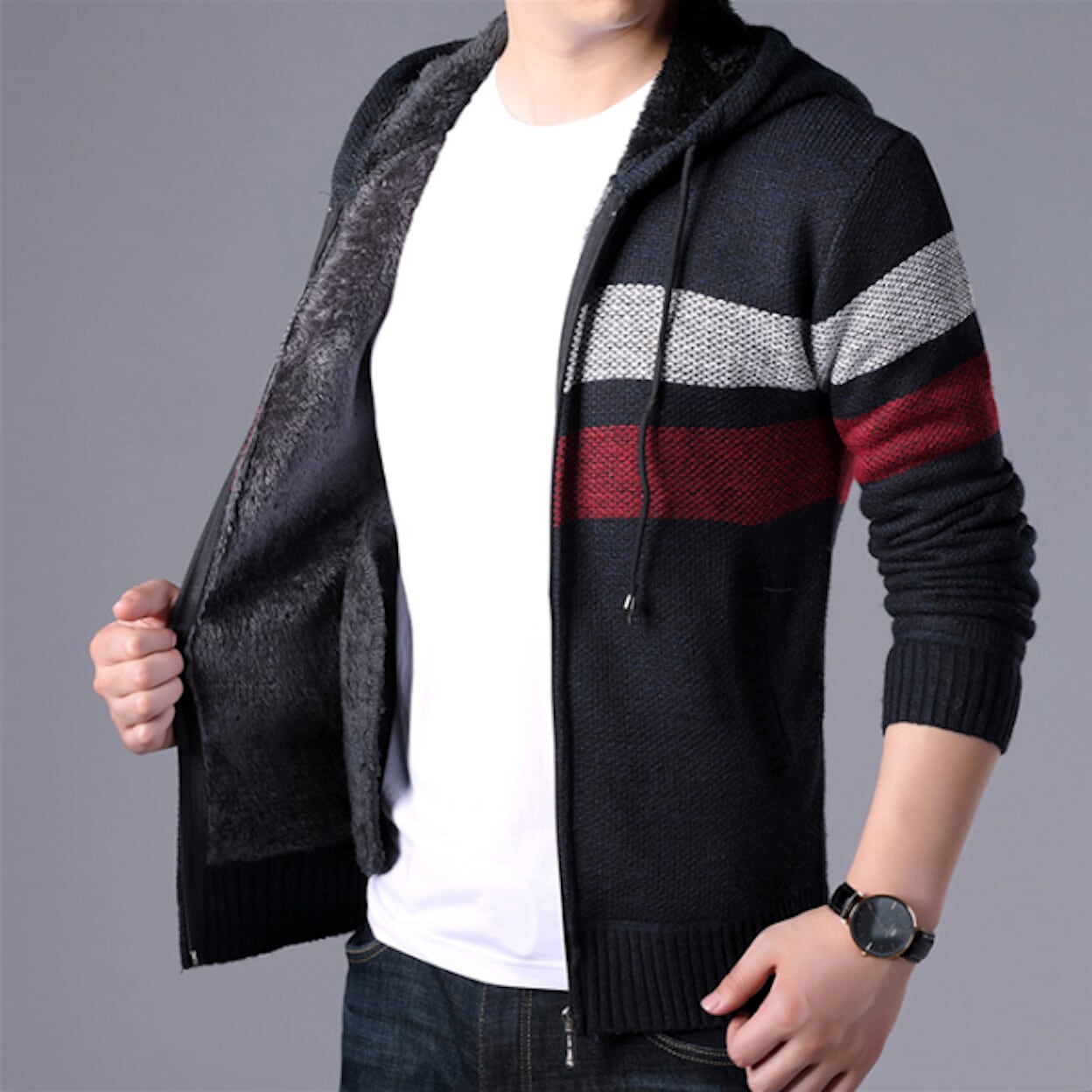 Red Hooded Striped Knit Cardigan for Men