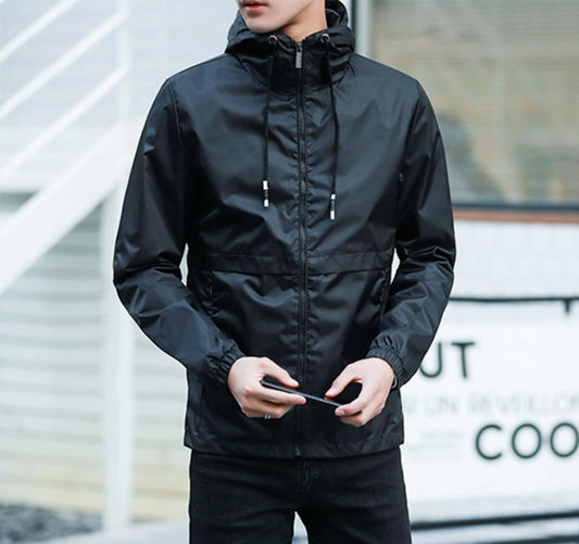 Black Windproof Jacket for Men: black hooded zip-up jacket, minimal casual style