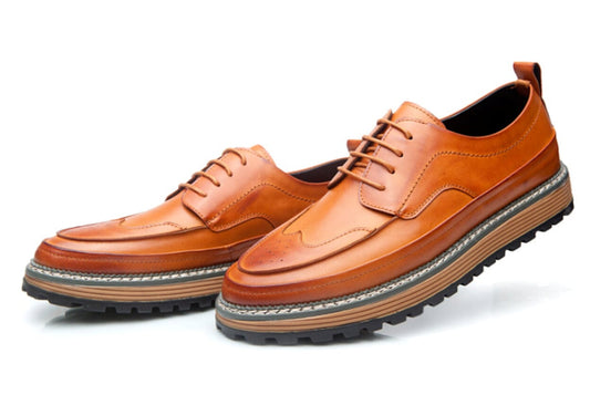 Retro Derby Footwear for Men: tan brown, dark brown lace-up shoes, casual dress shoe style