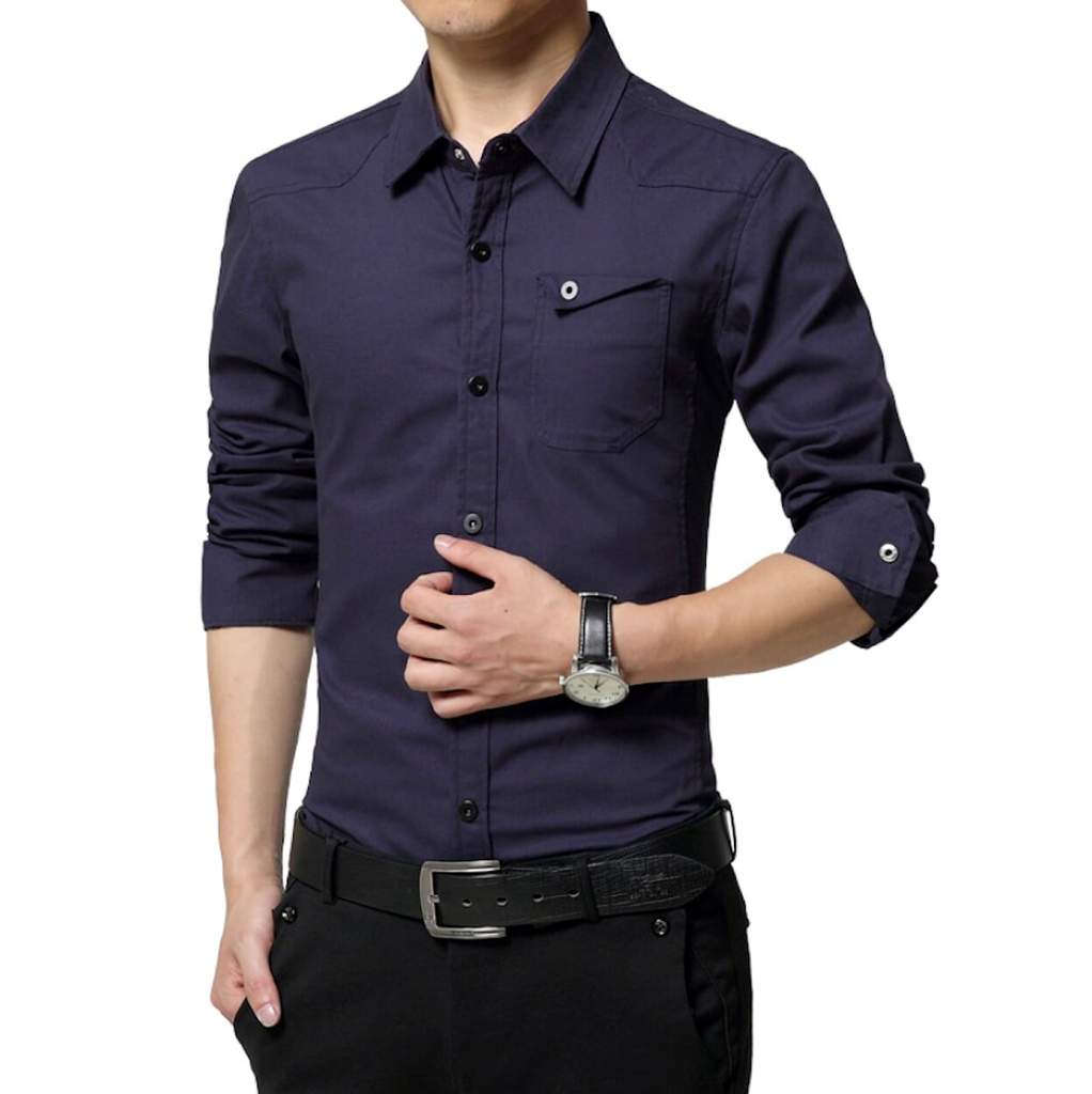 Classic White Long Sleeve Shirt with Flip Pocket and Button Front for Men