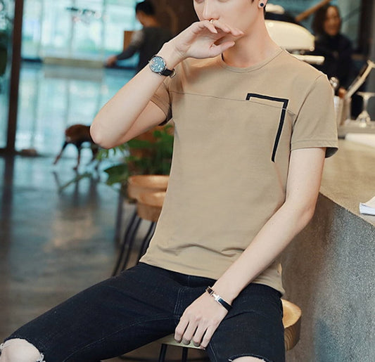 Rectangular Men's Concealed T-Shirt: beige/tan, black short-sleeve T-shirt, minimal casual style