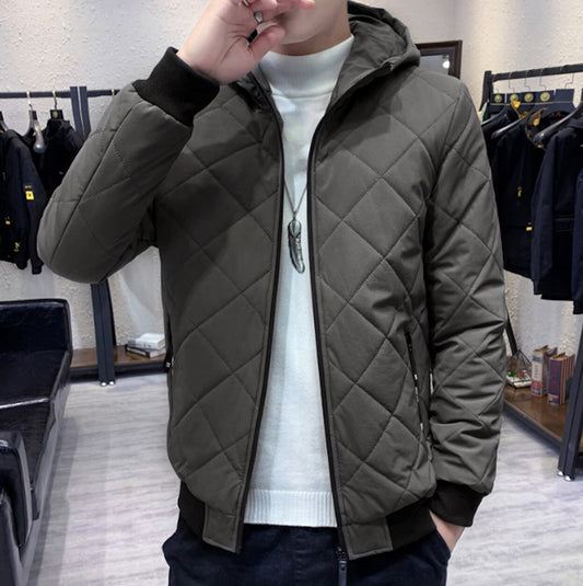 Quilted Hooded Jacket for Men with Zipper Closure: dark olive green, black quilted hooded jacket, minimal casual style