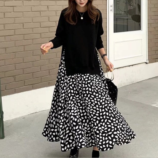 Layered Floral Print Dress Women's Sweater: black, white dress, minimal, casual elegant style