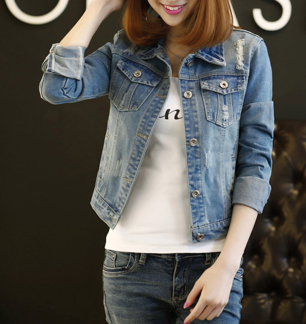 Distressed Denim Jacket for Women