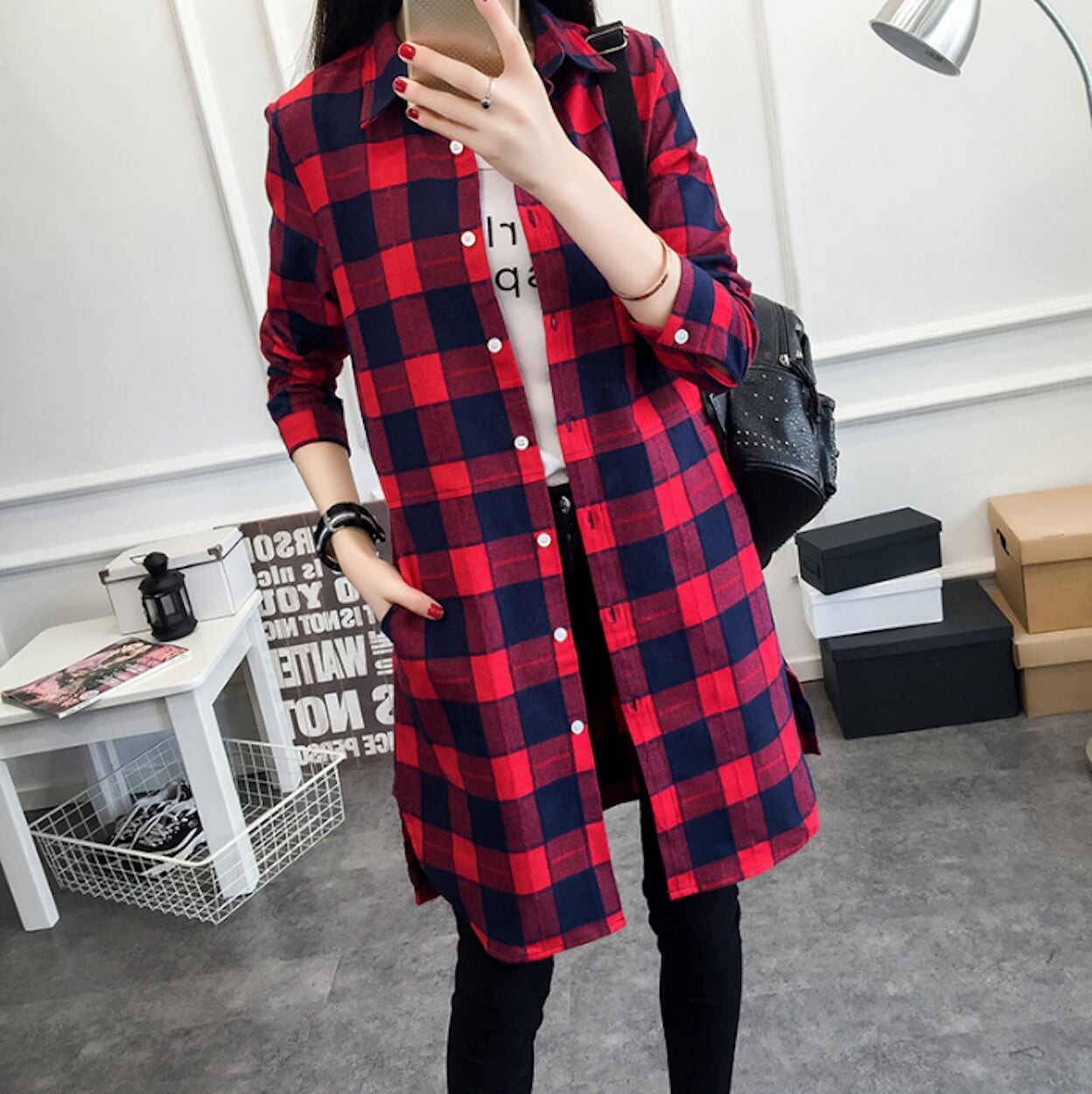 Plaid Shirt with Mid-Length and Convenient Pockets for Women