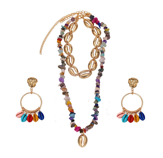 Layered Seashell Necklace and Earrings Set: gold, multicolor jewelry set, bohemian style