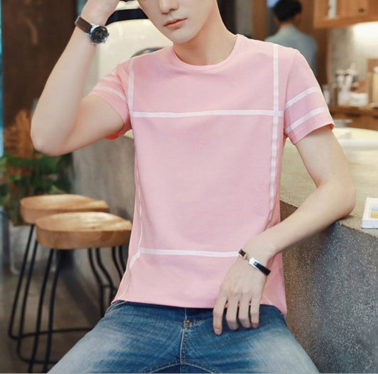 Printed Lines Men's T-Shirt: pink, white short-sleeve T-shirt, minimal casual style