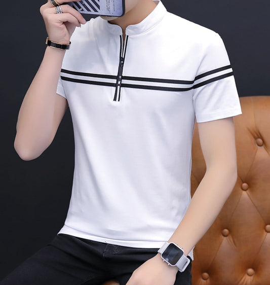 Stand Collar Men's Polo Shirt with Stripes: white, black short-sleeve pullover shirt, minimal sporty style