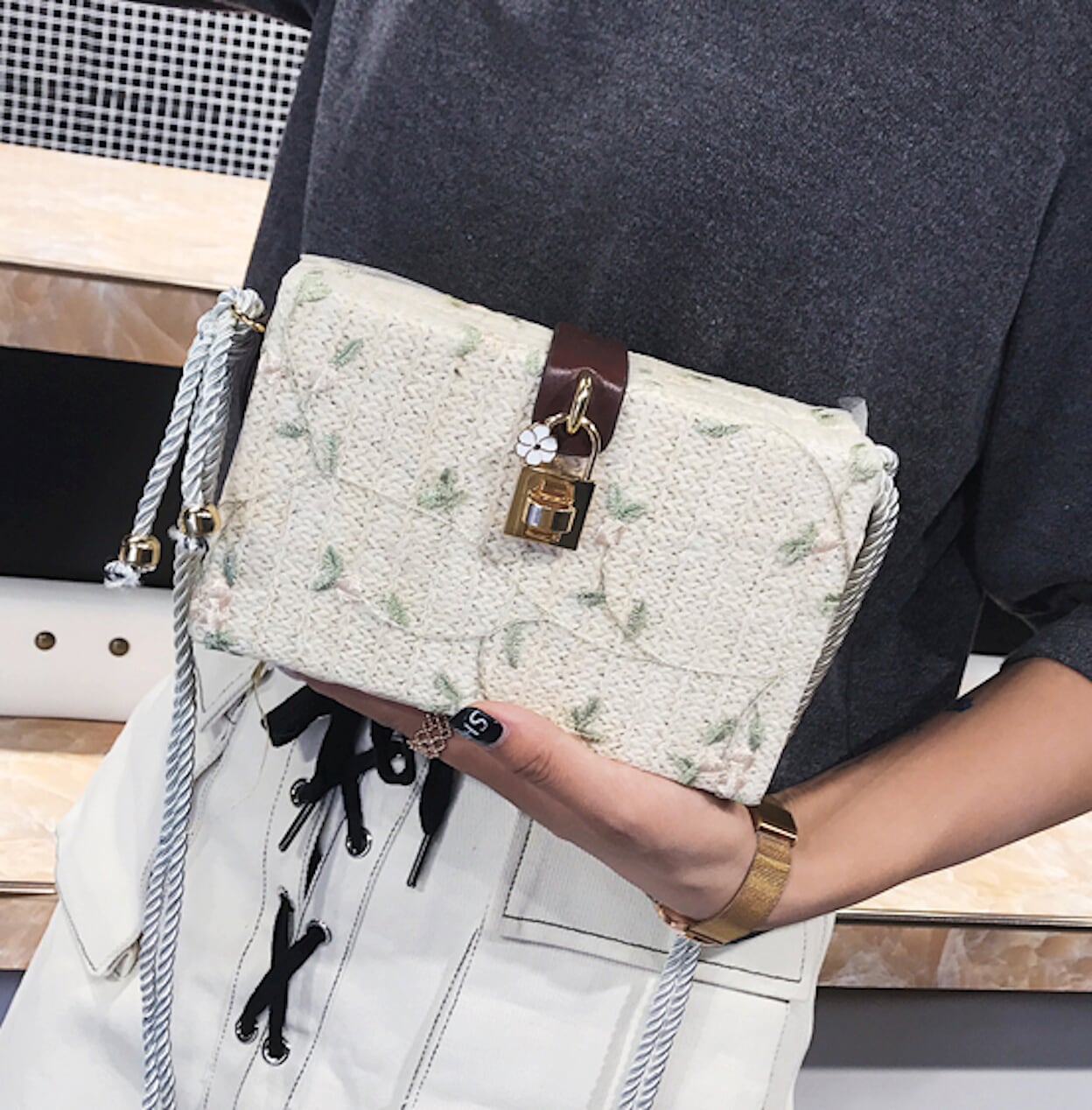 Straw Shoulder Bag with Floral Print