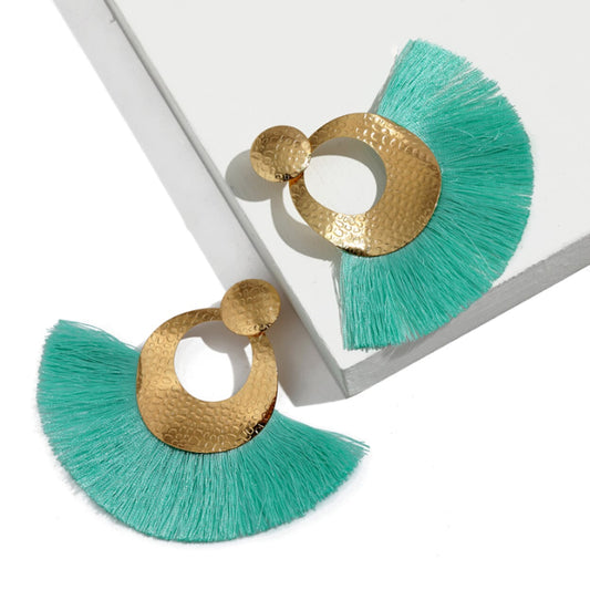 Fan-Shaped Tassel Earrings in a Stunning Gold: turquoise, gold pair of earrings, statement bohemian style