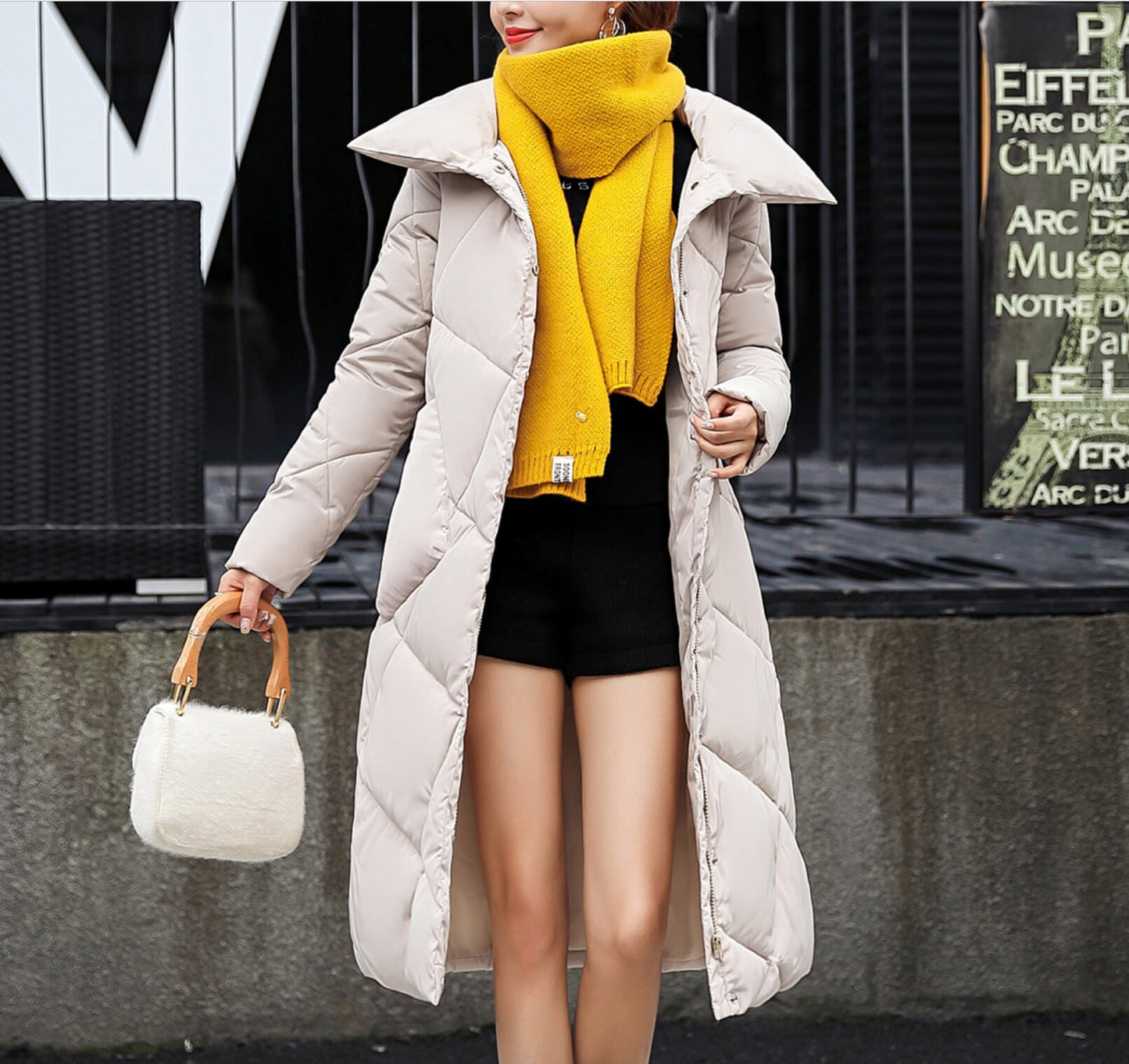 Long Padded Jacket with High Neckline for Women