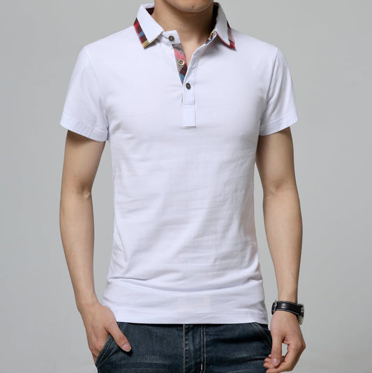 Plaid-Trimmed Polo Shirt for Men: white, red short-sleeve polo shirt, casual style