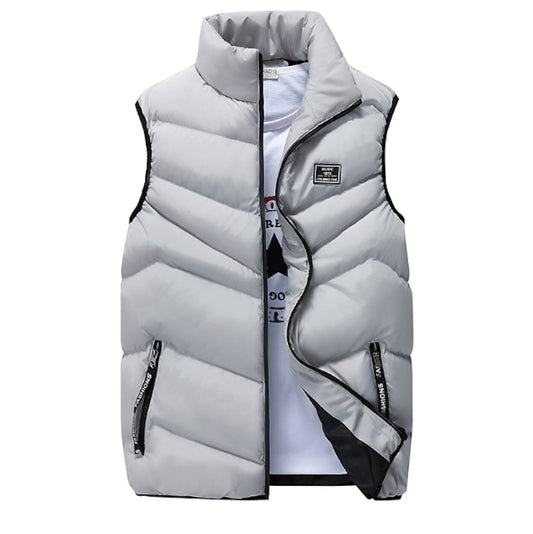 Gray High Neck Padded Vest for Men: light gray, black puffer vest, casual sporty style