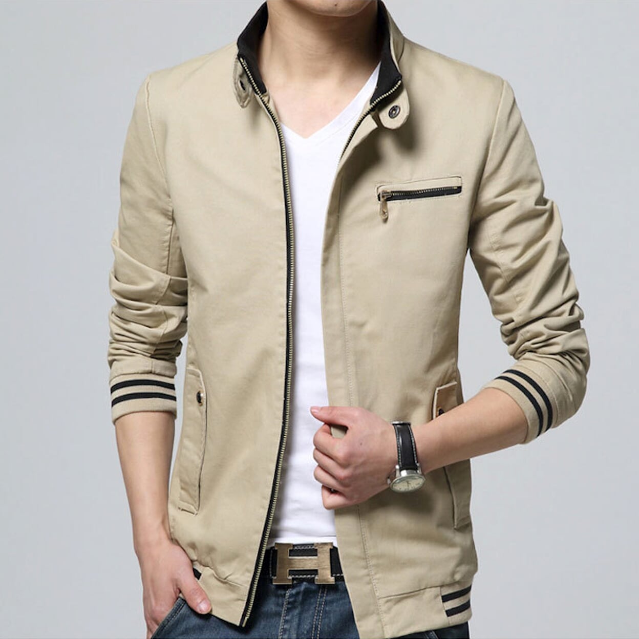 Navy Zip-Front Jacket for Men with Stand Collar