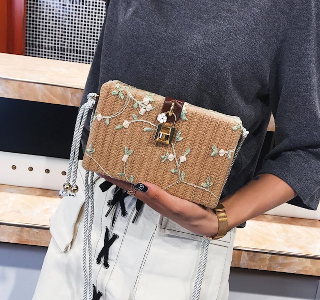 Straw Shoulder Bag with Floral Print