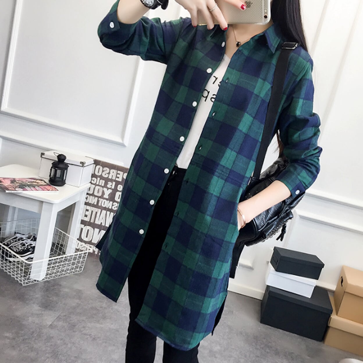 Plaid Shirt with Mid-Length and Convenient Pockets for Women