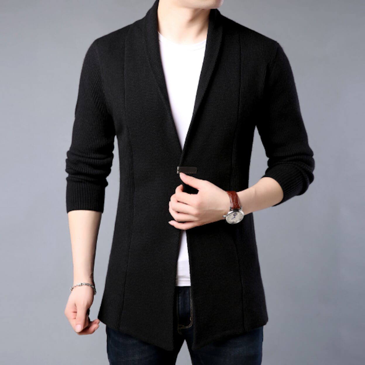 Single Button Men's Mid-Length Cardigan