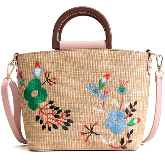 Straw Crossbody Bag with Beautiful Embroidery: tan, beige floral embroidery, floral, feminine style