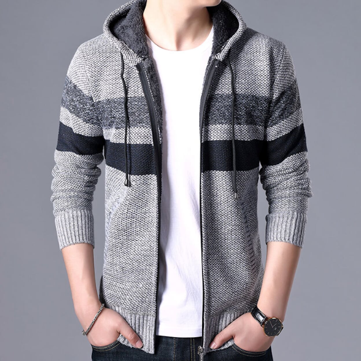 Red Hooded Striped Knit Cardigan for Men