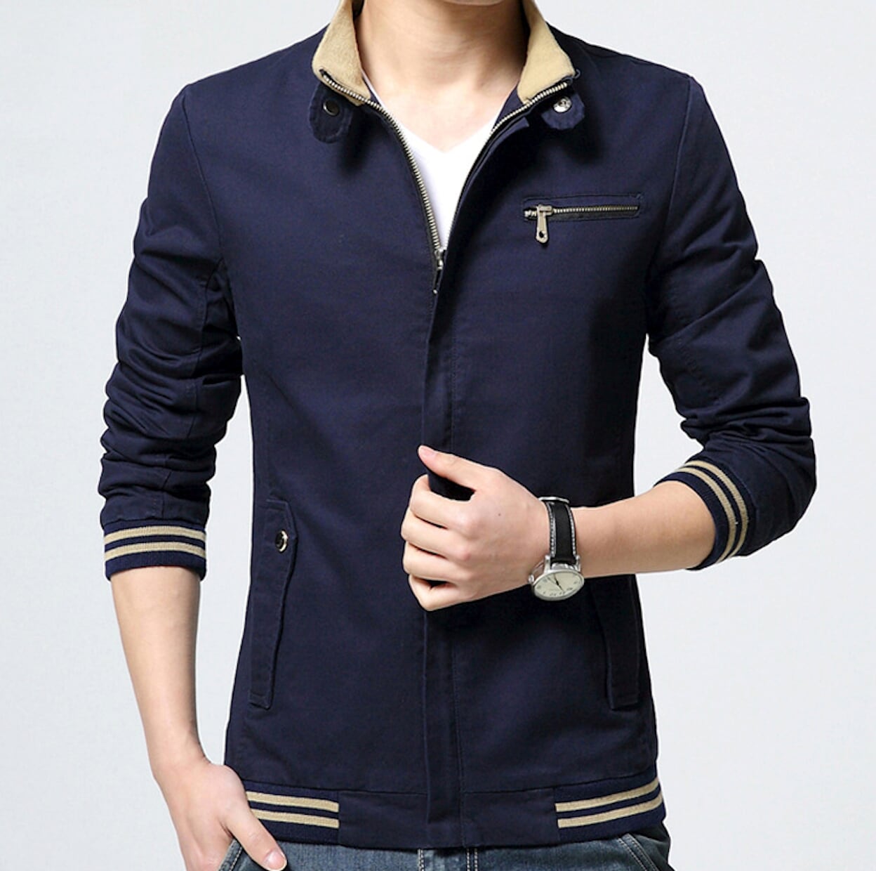 Black Zip-Up Jacket with Stand Collar for Men
