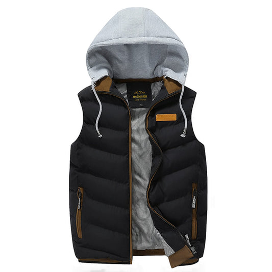 Black Removable Hooded Puffer Vest for Men's Winter Wear: black, gray hooded puffer vest, casual sporty style