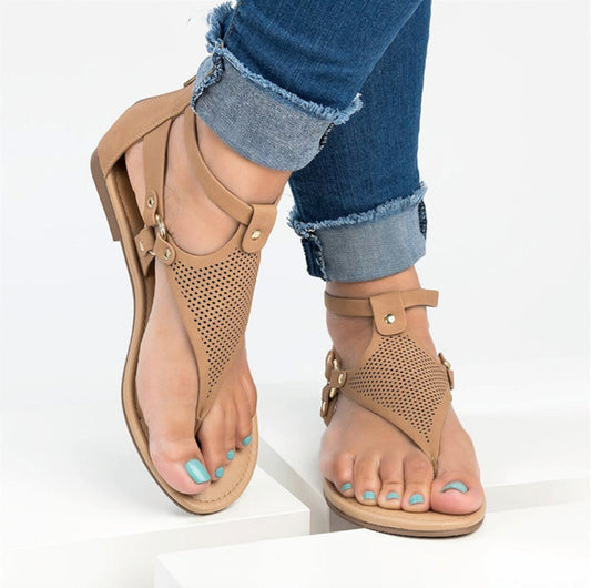 Roman Style Flip Flop Sandals for Women in Faux Leather: tan, beige flat sandals, casual style