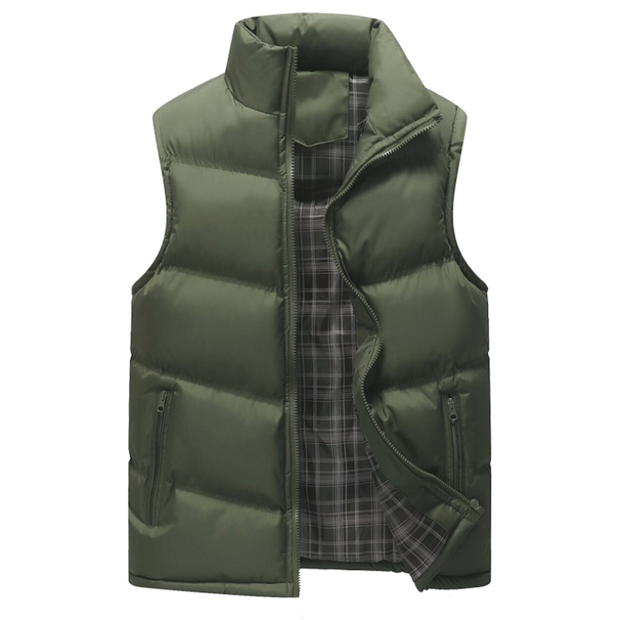 Khaki Winter Puffer Vest with Zipper for Men
