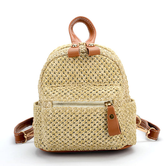 Compact Straw Backpack: beige, tan backpack, casual boho style