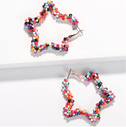 Star-shaped Beaded Hoop Earrings: pink, red star, colorful playful handmade beaded style