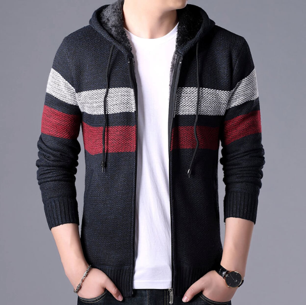 Hooded Men's Striped Knitted Sweater