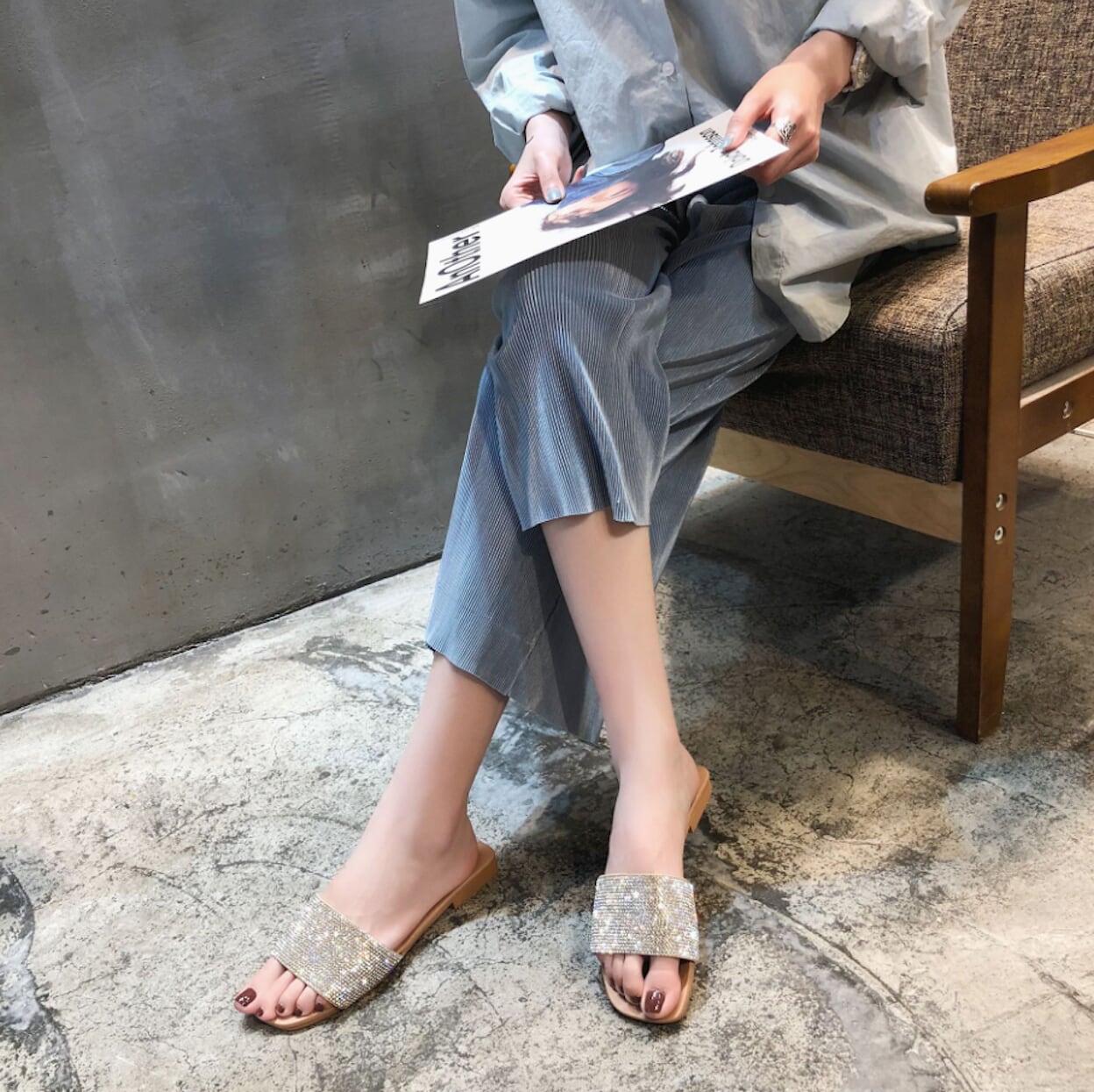 Rhinestone Slip-On Sandals for Women